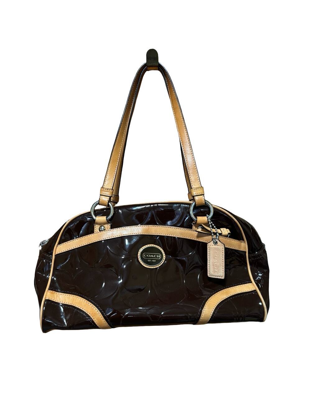 Coach Peyton Brown Patent Leather Satchel Tan Trim Shoulder Bag